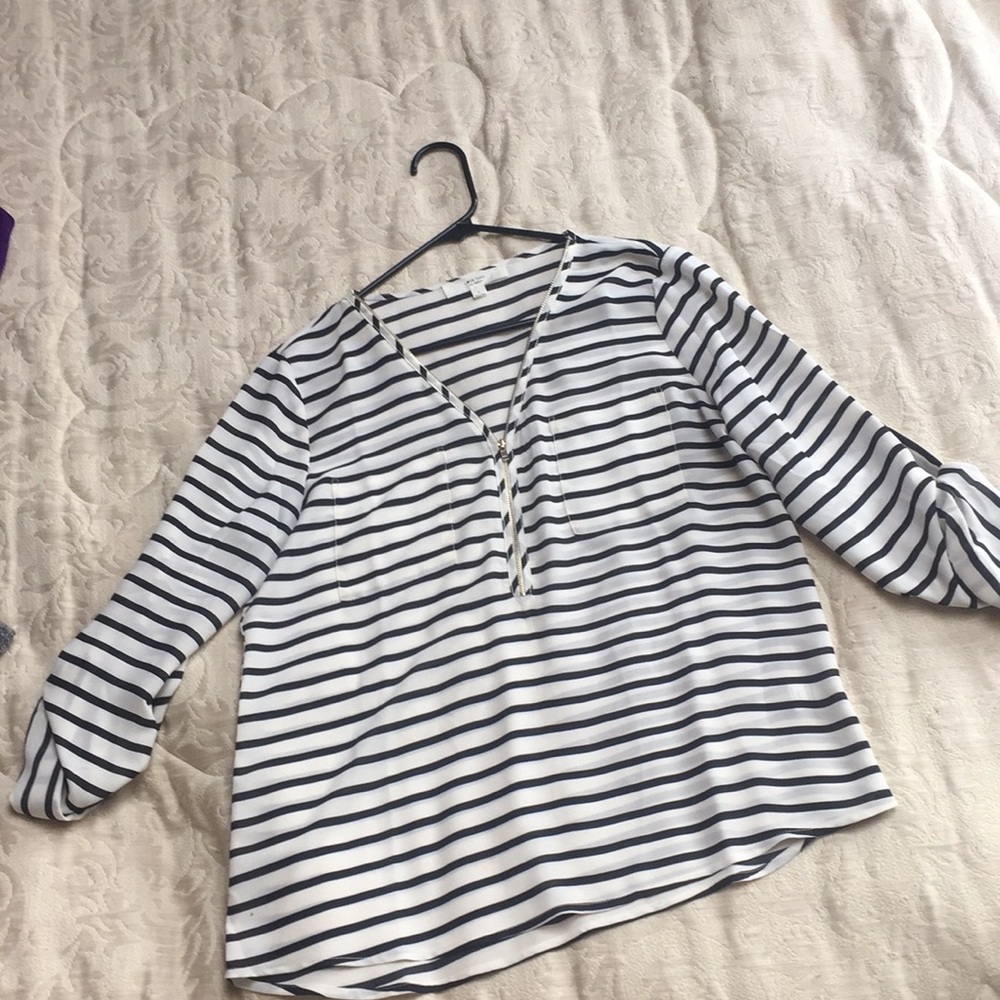 Black & White Striped Blouse w/ Zipper Front